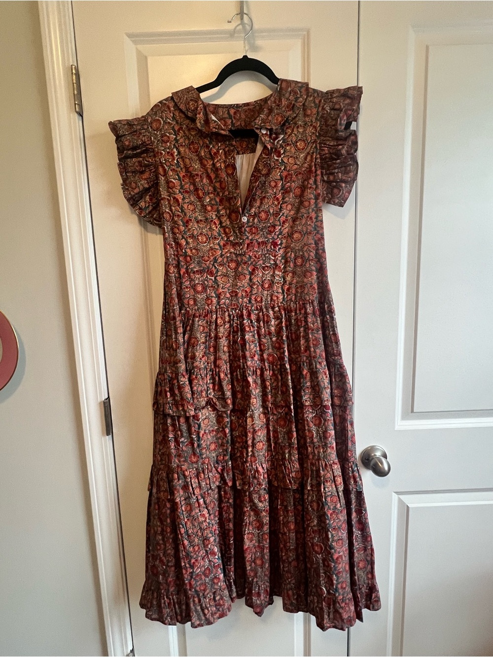Floral Tiered Ruffle Midi Dress in Rust